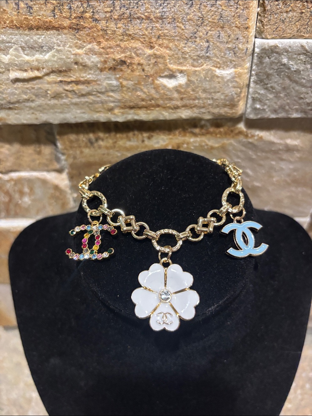Gold Chain Charm Bracelet with White Flower & Blue CC Charm